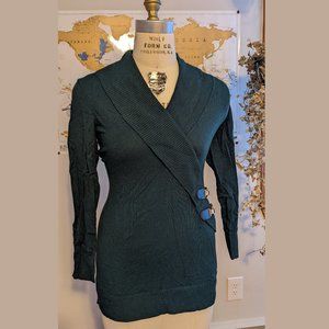 INC Faux Wrap Sweater with gold buckle and vegan leather detail. Shawl collar.